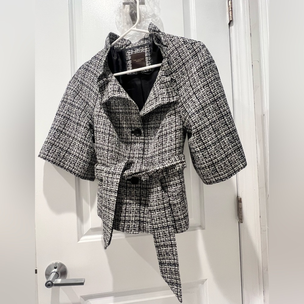 THE LIMITED Black White 3/4 Sleeve Coat with Belt, fully lined, XS, new no tag